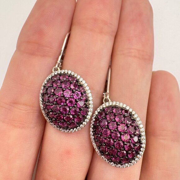 Violet Purple CZ Gemstone Dangle Earrings VTG Sterling Silver 925 Oval 1.5" L - Picture 2 of 8